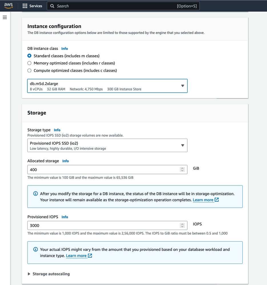 DB Instance and Storage Settings