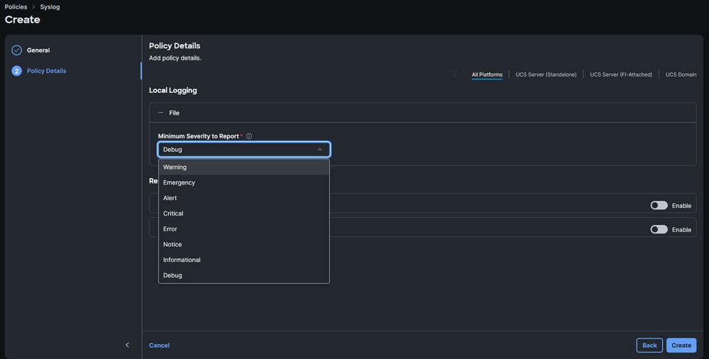 Choose the Minumum Severity for Local Logging Reporting