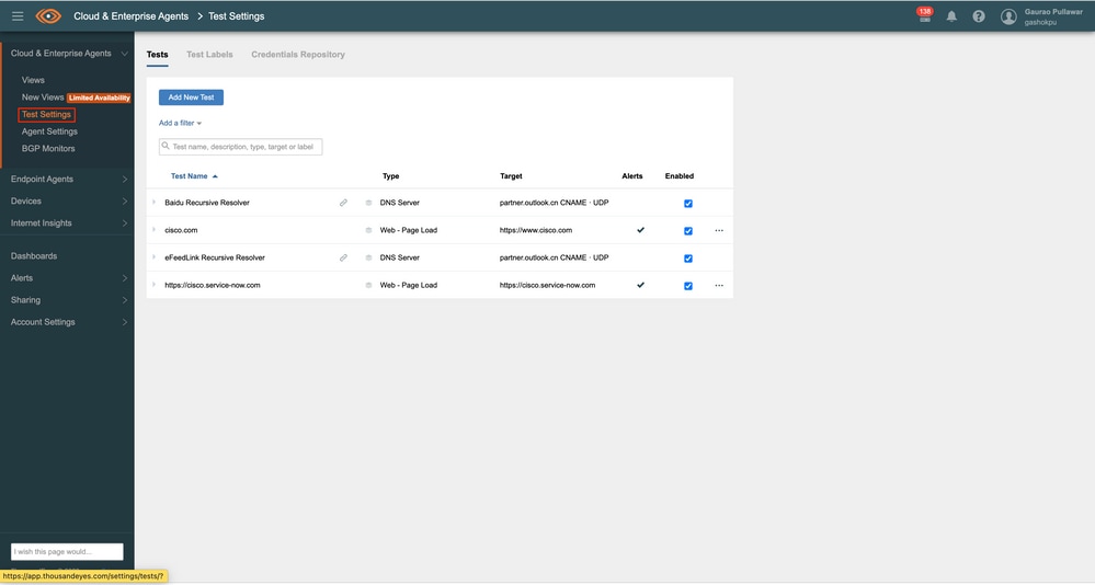 Test Settings option selected under Cloud and Enterprise section