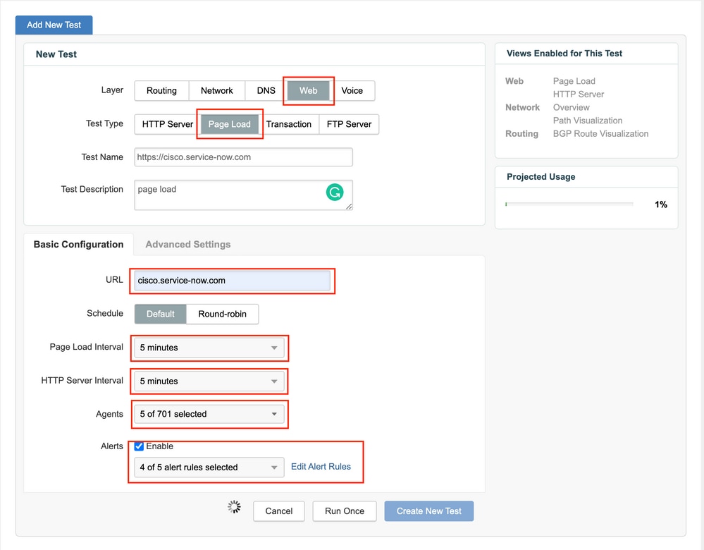 Test configuration page