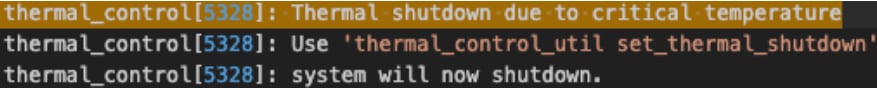 Error Snippet Showing Thermal Shutdown Due to Critical Temperature