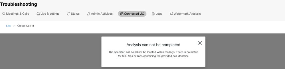 رسالة الخطأ في Control Hub Connected UC