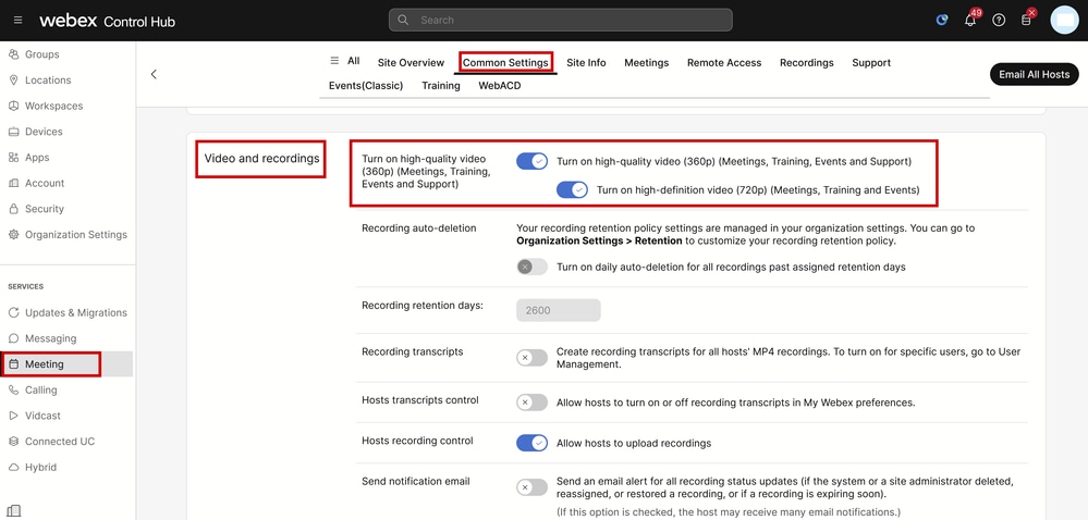 Video and Recordings Settings under Meetings Section in Control Hub