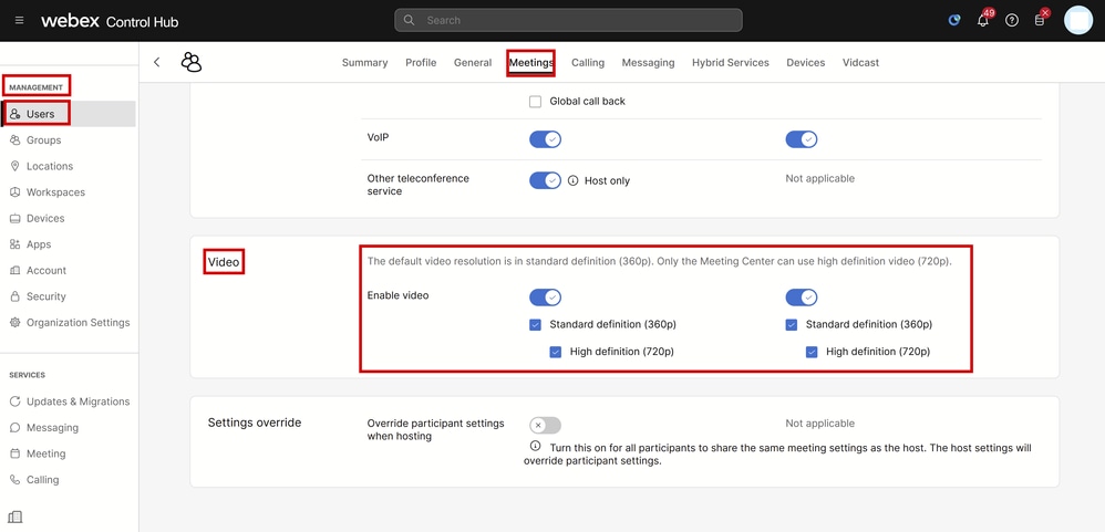 Video Resolution Settings for Individual User in Control Hub