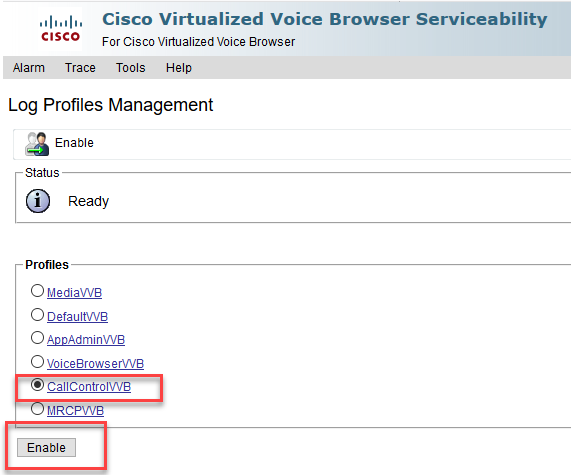 En Logs Profile Management, seleccione CallControlVB y Enable