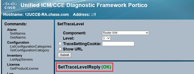 Diagnostic Framework Portico - Confirmación de la vista de niveles de seguimiento