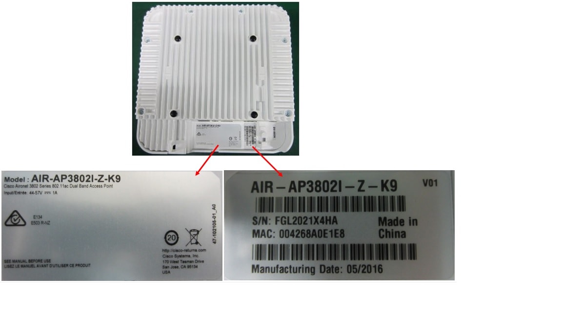 Pictured are examples of where the serial number is located on the AP3802.