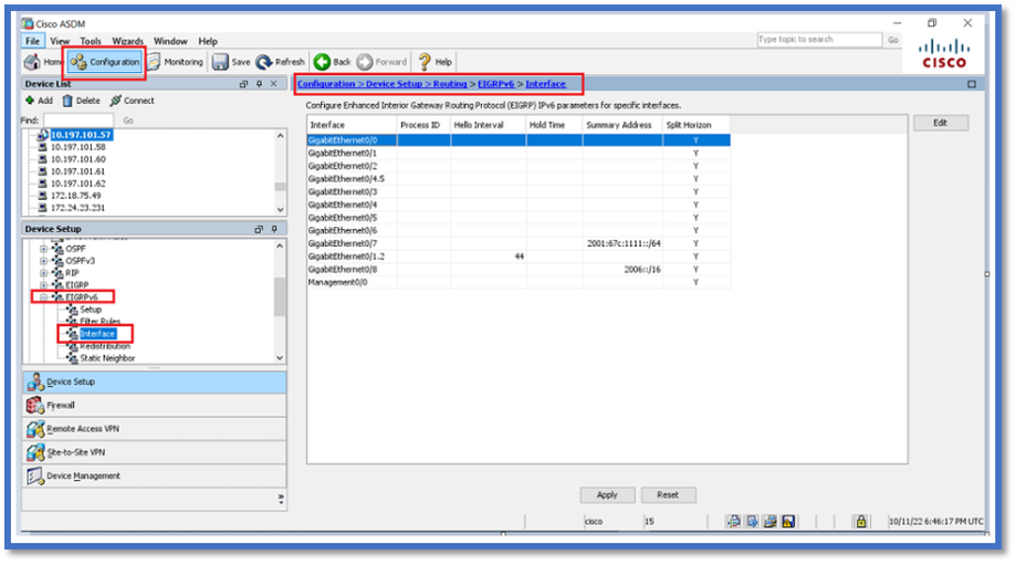 Configuration EIGRPv6 dans l'interface