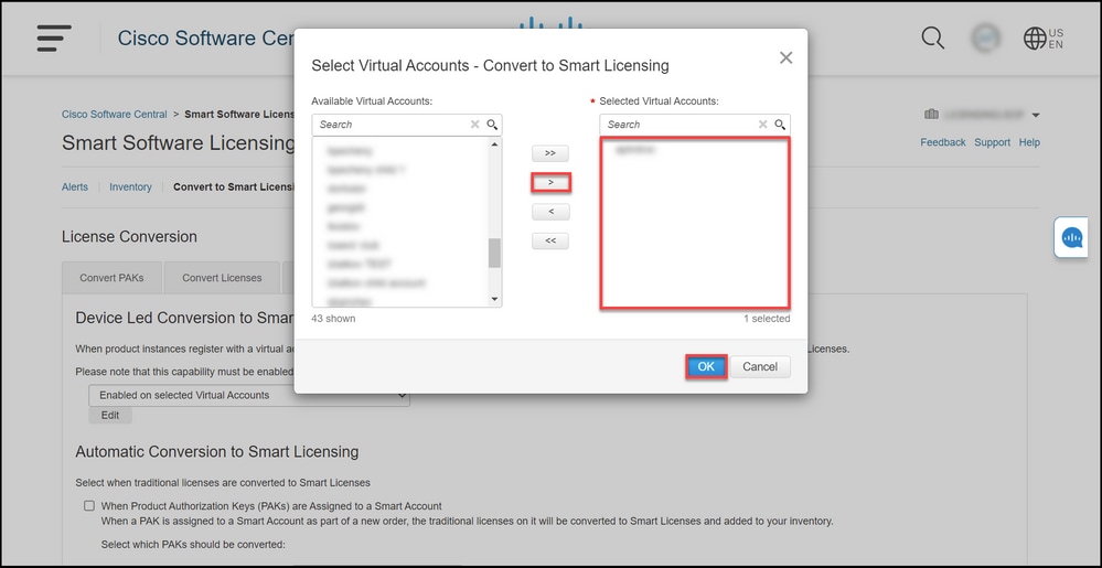 Migrating Catalyst 3850 Series from RTU to Smart Mode - Enable DLC on selected Virtual accounts