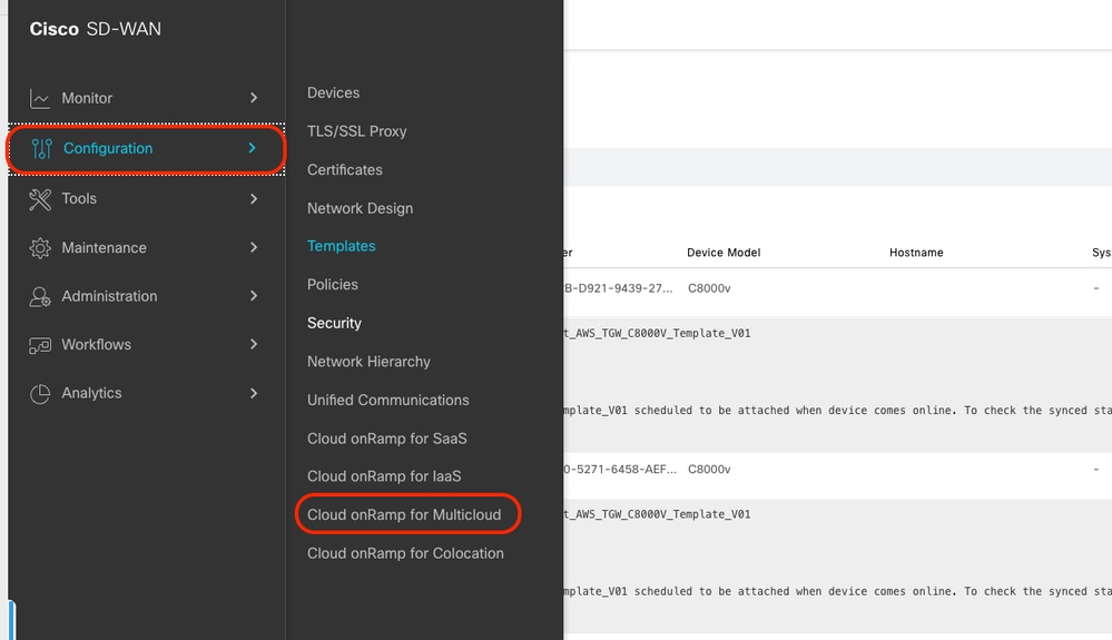 Navegue até Configuração, Nuvem OnRamp para Multicloud