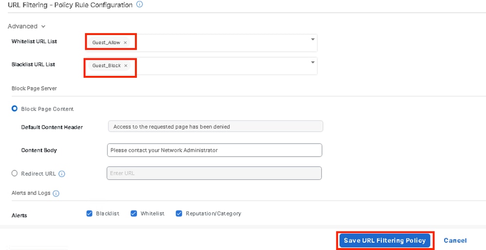 Clique em Salvar política de filtragem de URL