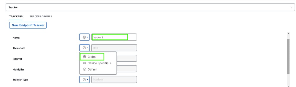 Wählen Sie Global aus, um einen beliebigen Standardwert zu ändern.