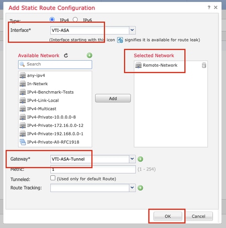 Rede, interface e gateway selecionados