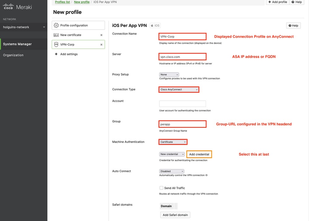 Menu to configure PerApp parameters