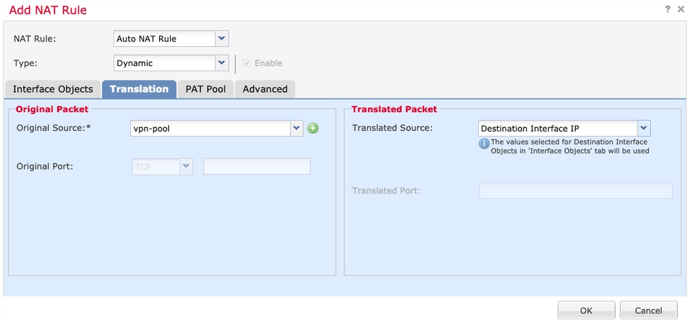 Hairpin NAT configuration: Source/destination object and interface configuration