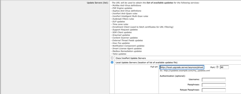 Aggiornamenti AsyncOS di Web Security Appliance (WSA) e Cisco Email Security Appliance (ESA) - Impostazione URL di base