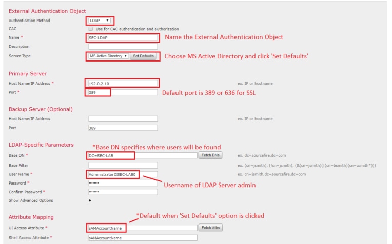 Vollständige Pflichtfelder für die Konfiguration der externen Authentifizierung in Cisco FMC und FTD