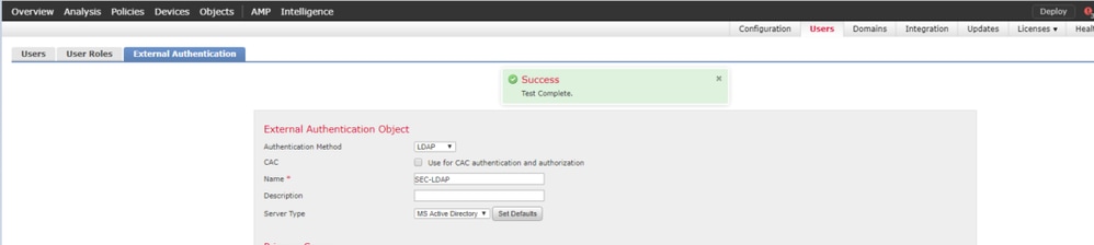 Realice la prueba para la configuración del objeto de autenticación externa en Cisco FMC