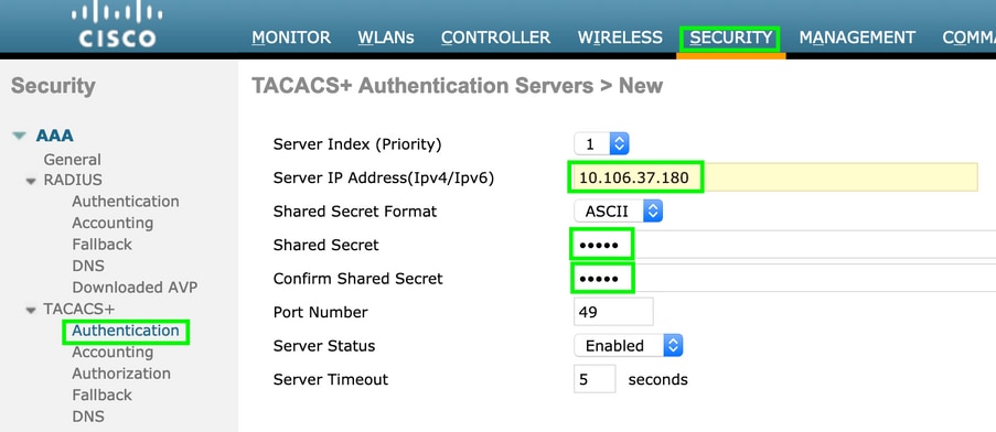 Tacacs를 사용하는 Cisco Wlc의 디바이스 관리 Cisco 6266