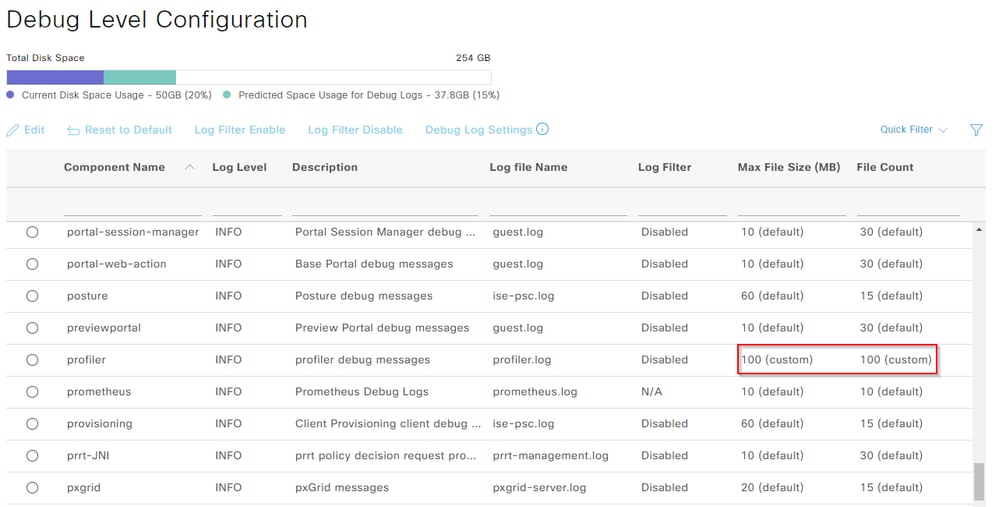 Debug Log Settings After Configuration