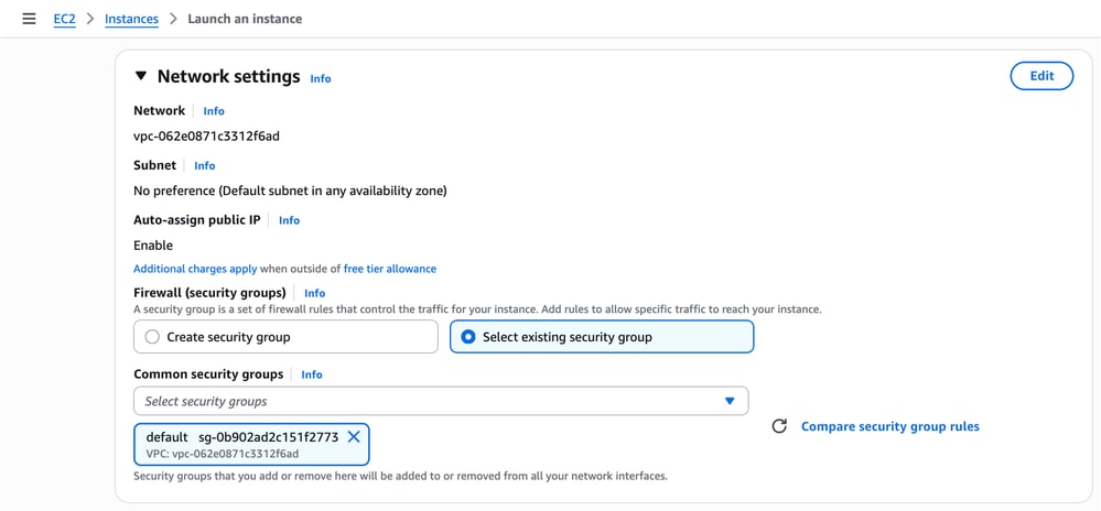 In Network Settings, Configure Your VPC and Subnet