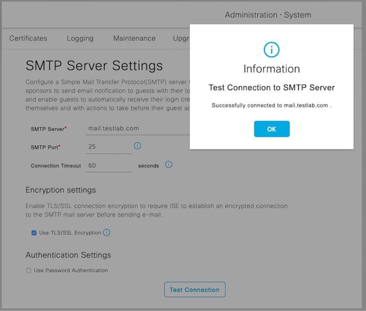 Test Connection after a Successful Connection to the SMTP Server