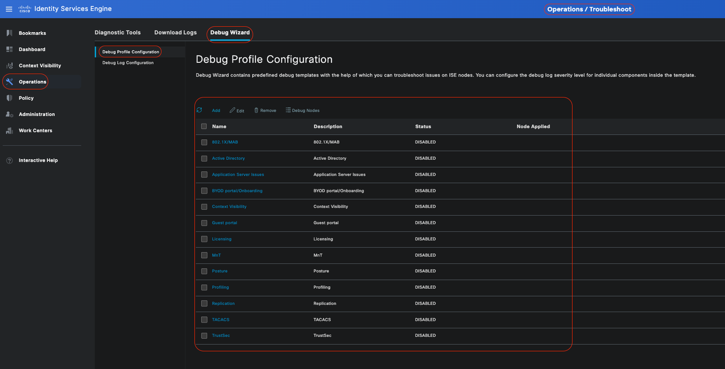 Configuración del perfil de depuración