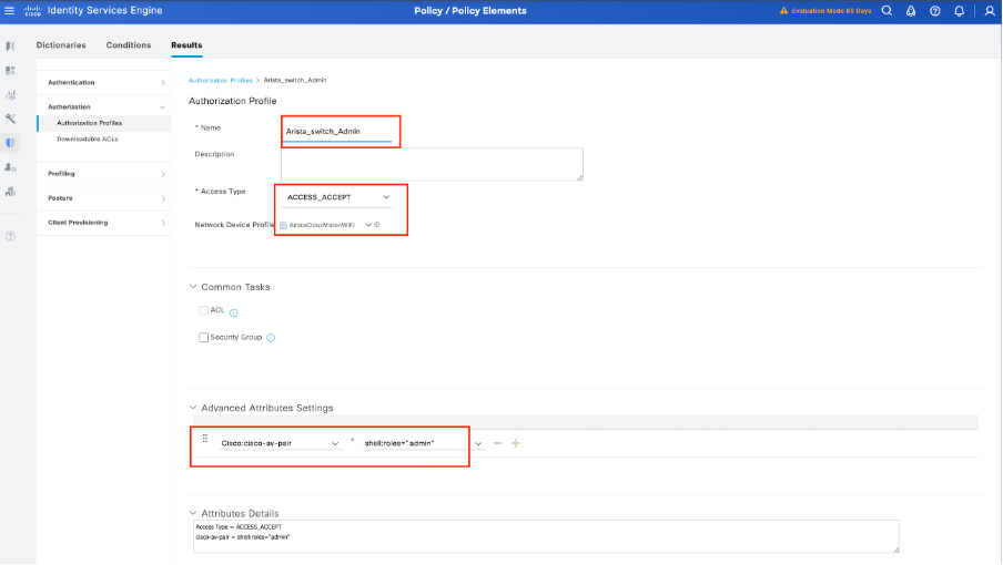 Define Name for the Authorization Profile