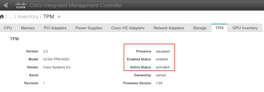 Image 3. TPM Detected, Enabled, and Activated from CIMC Perspective