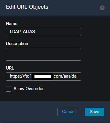 Creazione di un oggetto URL-Alias nell'interfaccia utente di FMC.