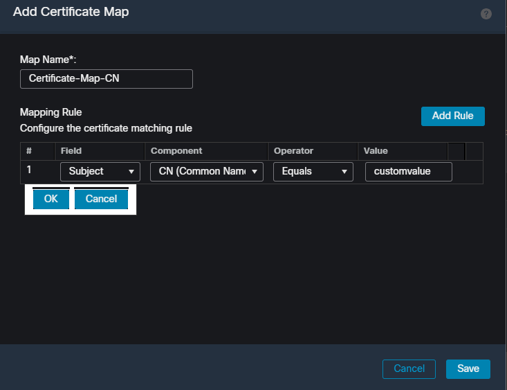 قم بإنشاء خريطة شهادة وإضافة معايير للخريطة داخل واجهة مستخدم FMC.