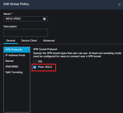 Enable IPsec-IKEv2 within a group-policy in the FMC UI.