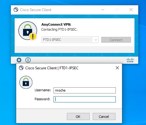 Secure Client UI view of the IPsec-IKEv2 RAVPN connection attempt.