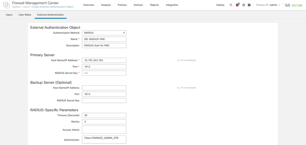 External Authentication Information for Finance_B