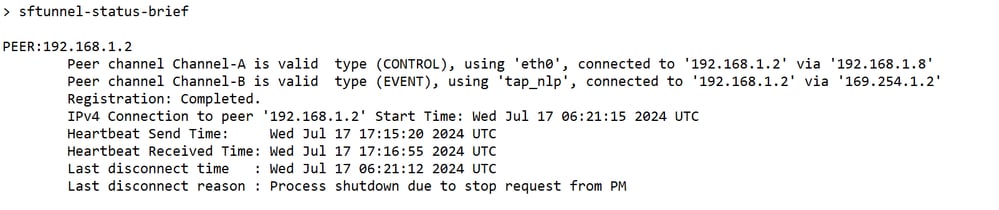 Output del comando sftunnel-status-brief che indica l'interfaccia tap_nlp