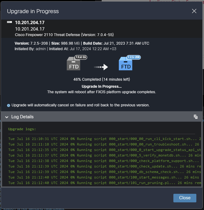 Finestra Monitoraggio aggiornamento GUI FMC