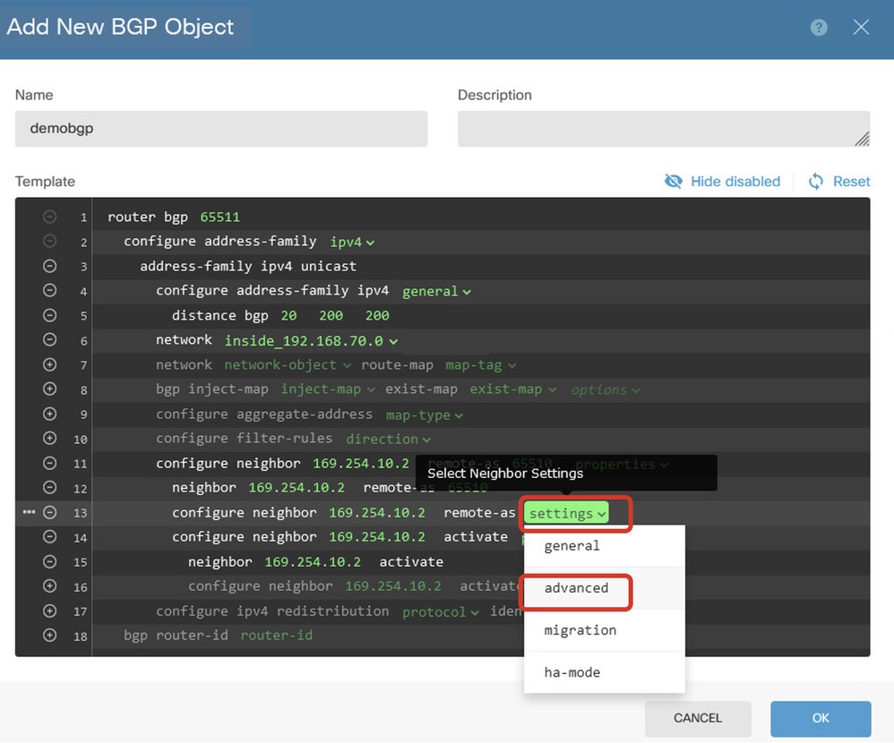 Create BGP Object Neighbor Setting Properties Advanced