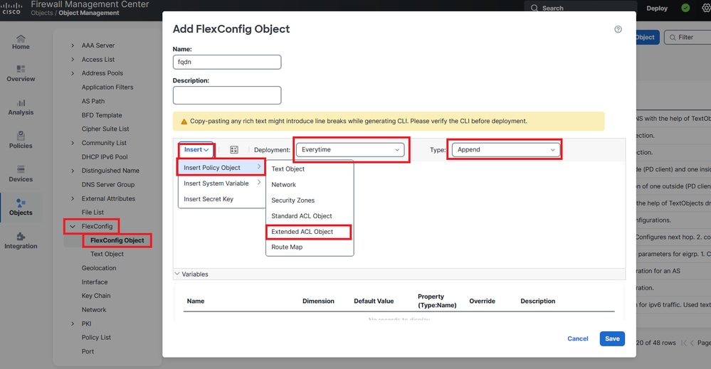 FlexConfig Object Configuration Menu