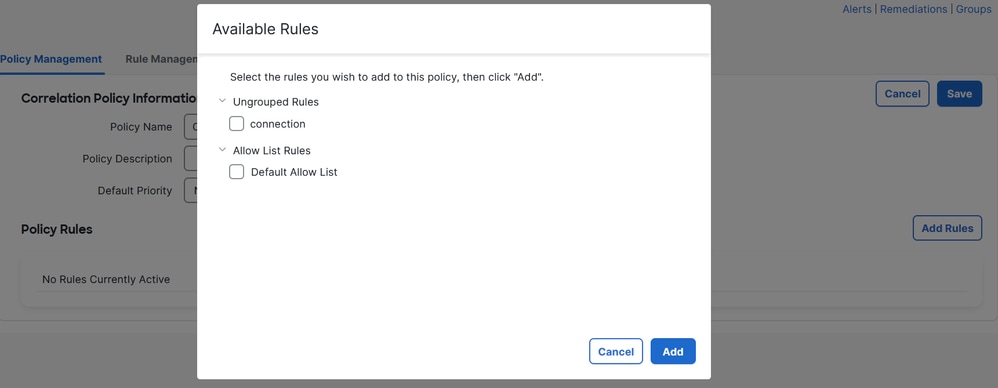 Add Rules and Select Priority for Correlation Policy