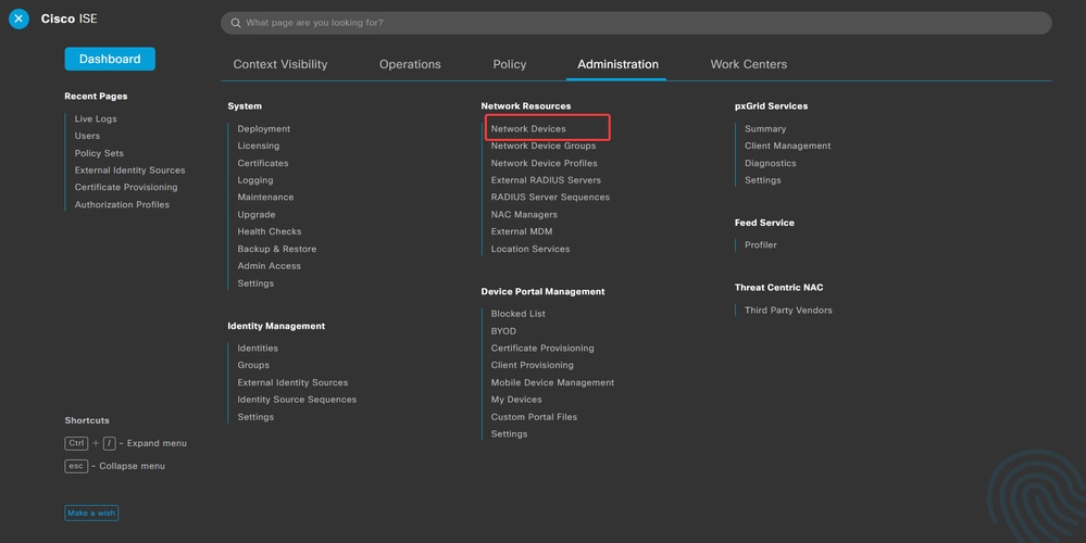 Navigate Administration-Network Resources-Network Device