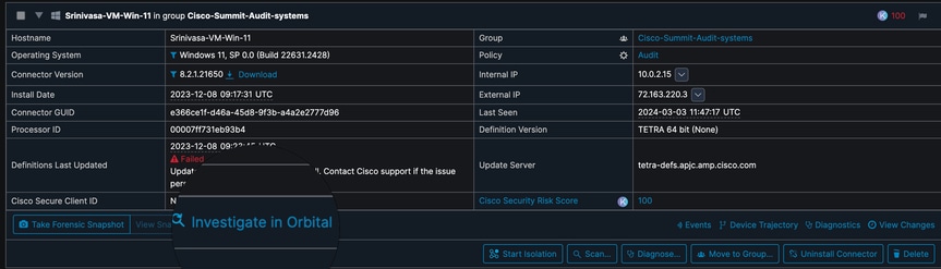 Choose the Impacted Host System, Click Investigate in Orbital