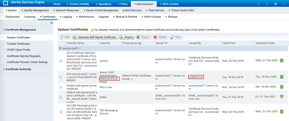 Liste des certificats système dans ISE