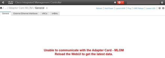 CIMC Adapter Card mLOM Screen with a Prompt indicating that the CIMC is Unable to Communicate with the mLOM Adapter Card