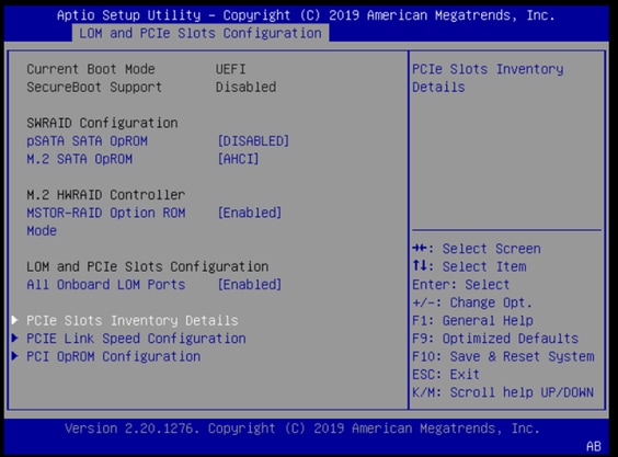 UCS Server BIOS Screen showing where to Locate the PCIe Slots Inventory Details