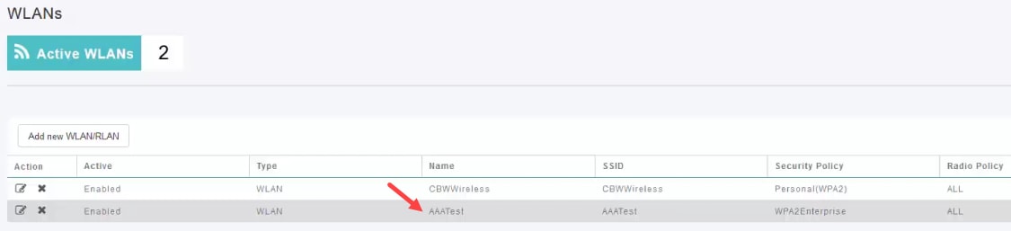 The SSID that you created will be listed. In this example, it is AAATest. 