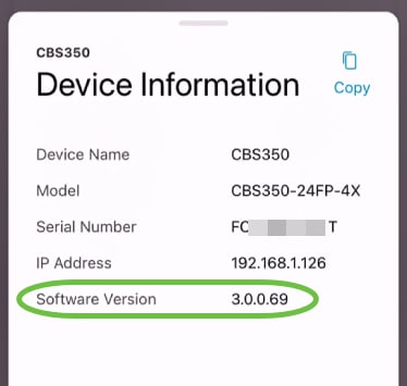 The current software version will be listed in the Device Information section.
