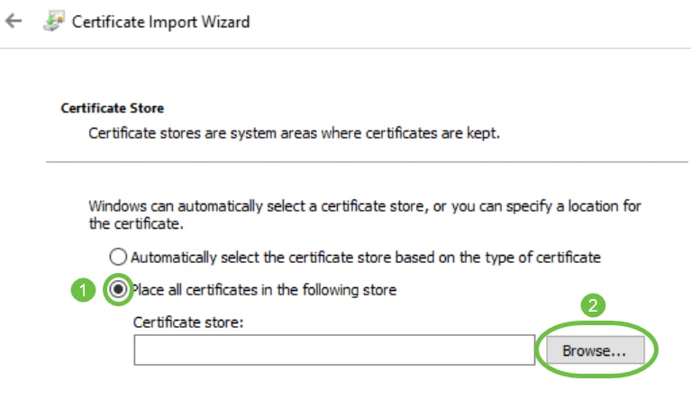 On the next screen, select Place all certificates in the following store and then click on Browse. 