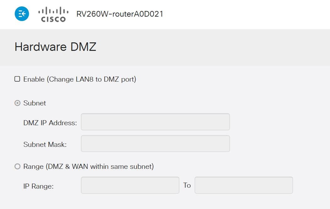 Hardware DMZ options page