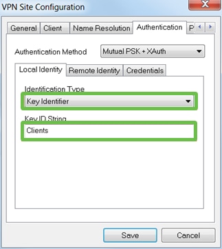 Authentication tab of Shrewsoft. Identification Type and Key ID String are highlighted for user input.