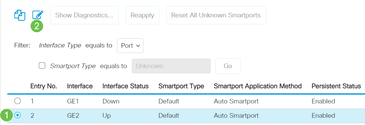 Once on Smartport interface settings, choose a port and click Edit.